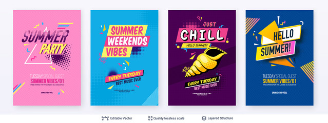 Set of summer season ad posters in pop-art style.