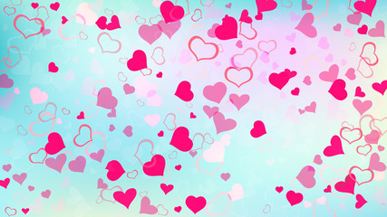 Red on Ggradient background Vector. Red hearts of confetti are falling. Part of the design of wallpaper, textiles, packaging, printing, holiday invitation for birthday. Festive background.