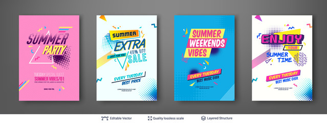 Set of summer season ad posters in pop-art style.