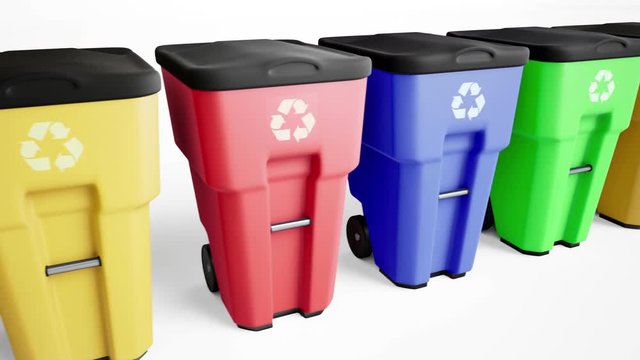 Blue, green, yellow, red plastic trash bins set in a row. Camera slides along waste tanks. 60 fps loopable animation