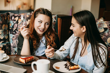 Portrait of a cheerful caucasian plus size woman sitting in a cafe storytelling with her girlfriend while eating cheesecake and drinking coffee.