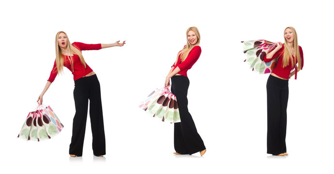 Young woman in flared pants isolated on white