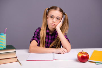 Portrait of her she nice attractive lovely charming cute gloomy intellectual girl attending class work boring lesson isolated over grey violet purple pastel background