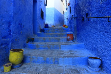 Blue street walls of the popular city of Morocco, Chefchaouen. Traditional moroccan architectural details. - 281640754