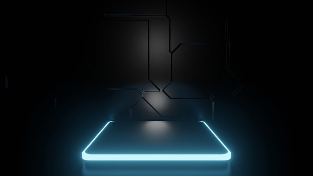 3D Rendering Of Modern Futuristic Empty Rectangle Podium Pedestal With Blue Neon Led Light, Reflection On Floor And Dark Sci Fi Background. For Technology Product Display