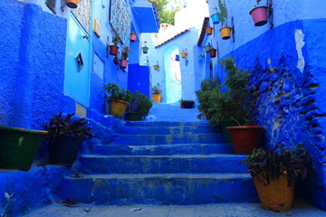 Blue street walls of the popular city of Morocco, Chefchaouen. Traditional moroccan architectural details. - 281641140