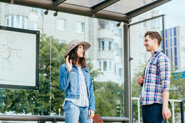 Love at first sight concept. Man and woman likes each other. Man and brunette girl stopped to get...