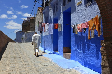 Blue street walls of the popular city of Morocco, Chefchaouen. Traditional moroccan architectural details. - 281641181