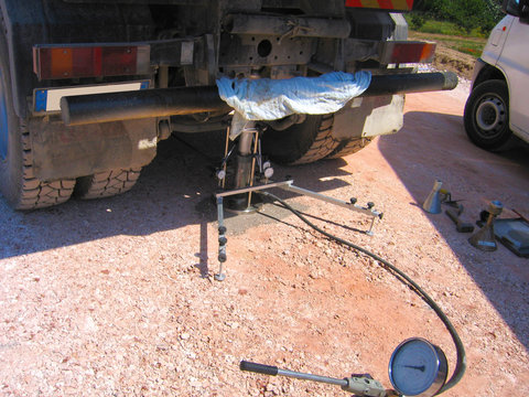 Load test with plate and pressure gauge on the road foundation for the construction of a new road
