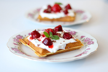 Waffles with Strawberries and Cream