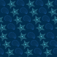Fototapeta premium Seashells and starfish vector seamless pattern. Marine life creatures colorful drawings. Sea urchin freehand outline. Underwater animals engraving. Wallpaper, wrapping paper, textile design