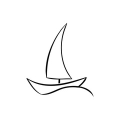 Sailboat black and white vector illustration. Ancient vessel with sails and flags sketch for coloring book. Vintage ship on waves engraving. Travel agency logo. Voyage tour poster design element