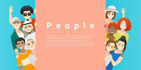 Naklejka na ściany i meble Diversity concept background , group of happy multi ethnic people standing behind empty colorful board , vector , illustration