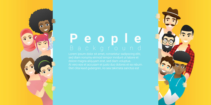 Diversity concept background , group of happy multi ethnic people standing behind empty colorful board , vector , illustration