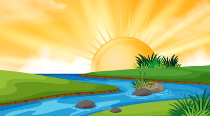 Landscape background design of river at sunset