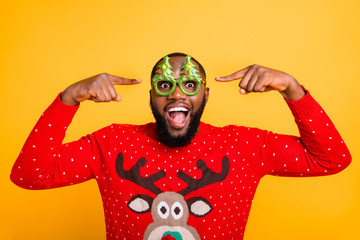 Close-up portrait of his he nice attractive stylish cheerful cheery crazy funky guy wearing showing...