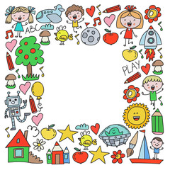 Obraz na płótnie Canvas Time to adventure. Imagination creativity small children play nursery kindergarten preschool school kids drawing doodle icons pattern, play, study, learn with happy boys and girls Let's explore space.
