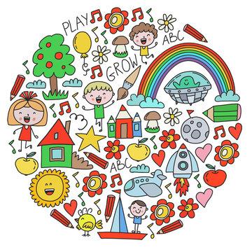 Time to adventure. Imagination creativity small children play nursery kindergarten preschool school kids drawing doodle icons pattern, play, study, learn with happy boys and girls Let's explore space.