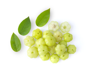 star gooseberry with leaf isolated on white background. top view