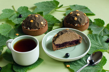Set of contemporary chocolate and black currant mini mousse tarts covered with brown velvet spray decorated with chocolate crispy balls and cup of black tea on green background
