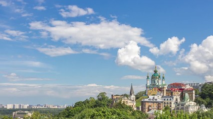 Famous St. Andrew’s Church and panorama of Kyiv city in Ukraine, time lapse panoramic motion