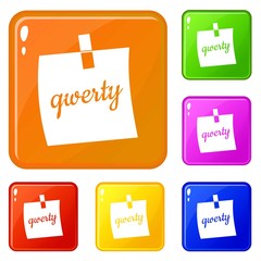 Paper sheet with text qwerty icons set collection vector 6 color isolated on white background