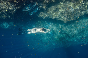 Fototapeta premium Young woman in sexy swimwear explores a pristine reef in Pescador island, Moalboal.