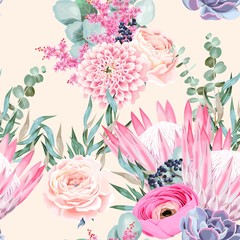 Materiał do szycia Vector seamless pattern with protea and roses