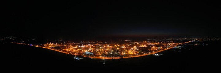Night aerial photo of an industrial cityscape