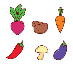 Set of cute vegetable vector illustration such as beet, potato, carrot, pepper, mushroom and eggplant isolated on white background. 