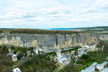 Bakhchisaray Cave Monastery, also known as Assumption Monastery of the Caves, Crimea. Aerial drone view