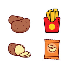 Potato vector illustration isolated on white background. Raw potato, french fries and chips cartoon vector illustration.