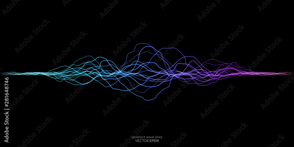 Poster vector wave lines flowing dynamic in purple violet blue green colors isolated on black background fo