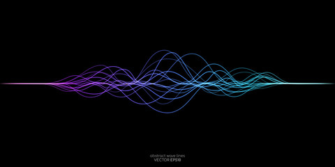 Vector wave lines flowing dynamic in purple violet blue green colors isolated on black background for concept of AI technology, music, sound, voice