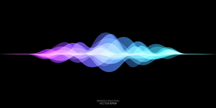abstract motion sound wave equalizer colorful purple blue green isolated on black background. Vector illustration in concept of sound, voice, music