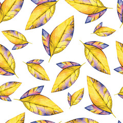 Seamless background of bright yellow and purple autumn leaves in watercolor on white background. Beautiful pattern for textiles, packaging,
