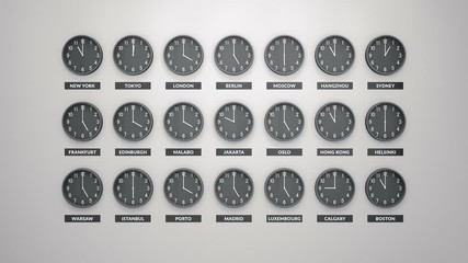 Round Clocks Show Different Time Zones On White Wall. Loopable Clock Face Timelapse loopable 60 Fps Animation.