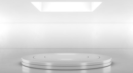 Round white stage podium. Blank product stand. Platform for display. Pedestal for design. 3D rendering.