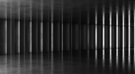 Abstract floor and wall background with columns. Modern showroom design. Futuristic interior view. 3d Rendering.