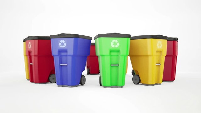 Color plastic garbage bins with recycling logo. Isolated on white background, staked on circle. 60 fps endless loop animation.