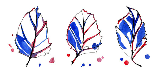 Fototapeta premium Three watercolor stylized graphic autumn leaves.