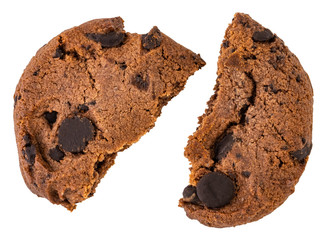 macro of broken chocolate chip cookie isolated on white
