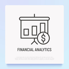 Financial analytics thin line icon: graph of growth with dollar sign. Modern vector illustration.
