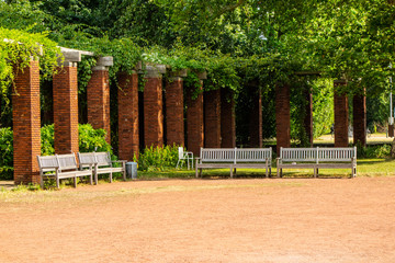 Garden benches in a wooded park great for rest, around the world (collection of benches)