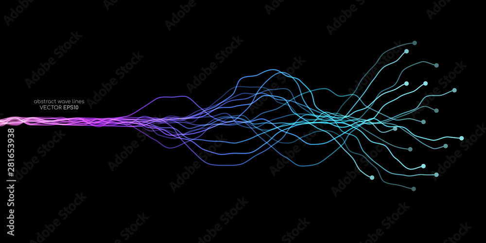 Aufkleber ai artificial intelligence wave lines neural network purple blue and green light isolated on black b