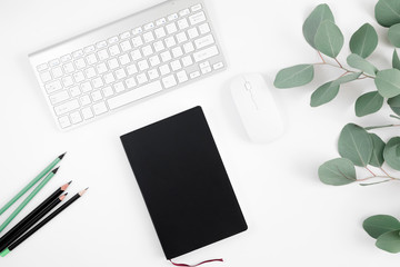 Minimal composition with laptop, keyboard, eucalyptus branch, notebook, pencil on white background. White office desk table. Flat lay, top view, copy space