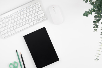 Minimal composition with laptop, keyboard, eucalyptus branch, notebook, pencil on white background. White office desk table. Flat lay, top view, copy space