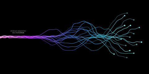 AI Artificial intelligence wave lines neural network purple blue and green light isolated on black background. Vector in concept of technology, machine learning, A.I. - obrazy, fototapety, plakaty
