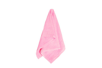 pink towel hanging isolated on white background