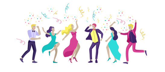 Group of smiling young people or students in evening dresses and tuxedos, happy Jumping and dansing. Prom party, prom night invitation, promenade school dance concept. Vector